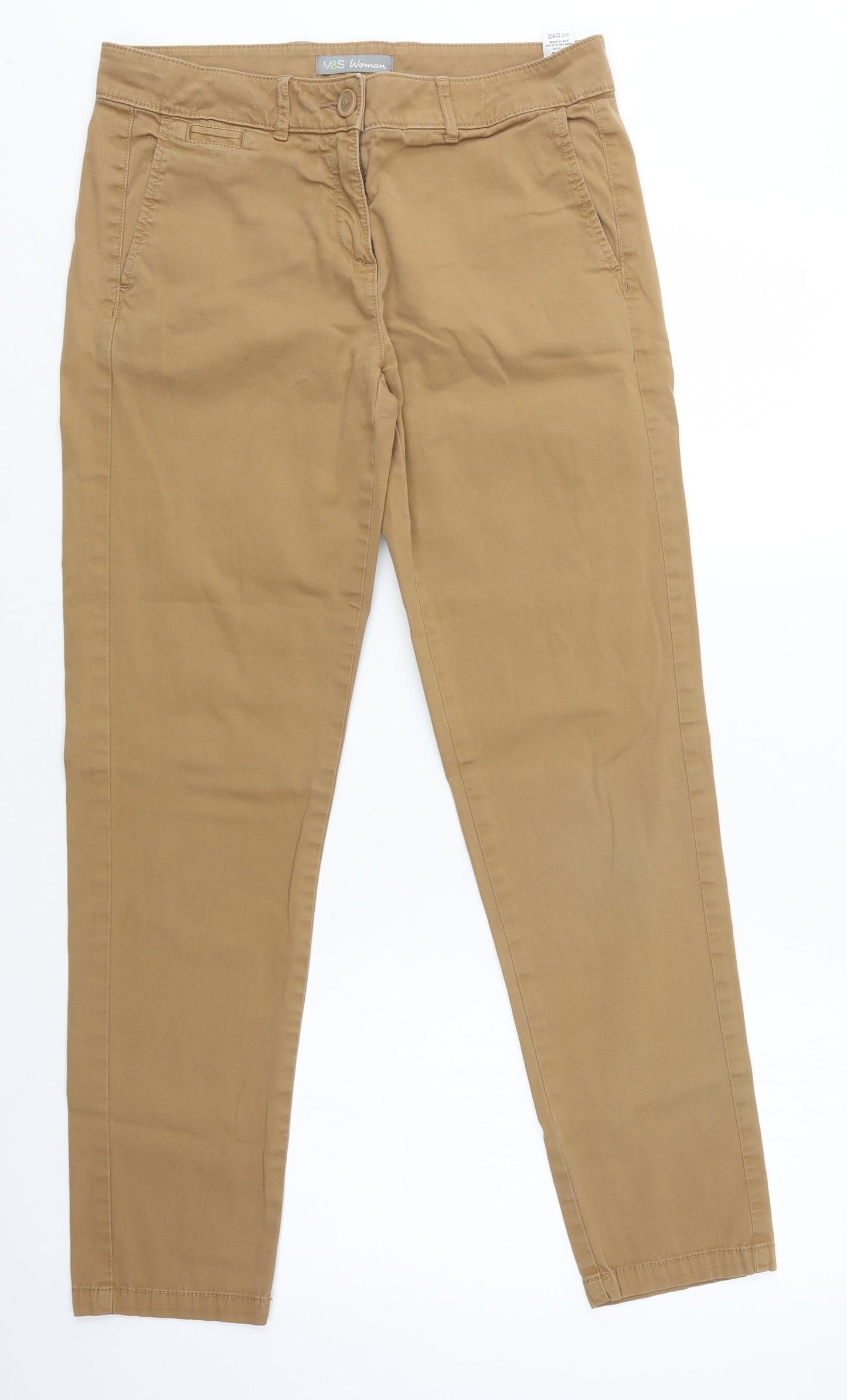 M&S Womens Beige  Cotton Chino Trousers Size 10 L31 in Regular Button