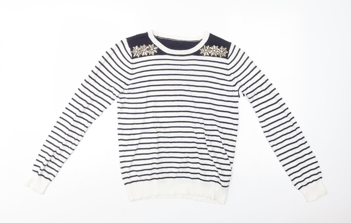 Oasis Womens White Crew Neck Striped Cotton Pullover Jumper Size S