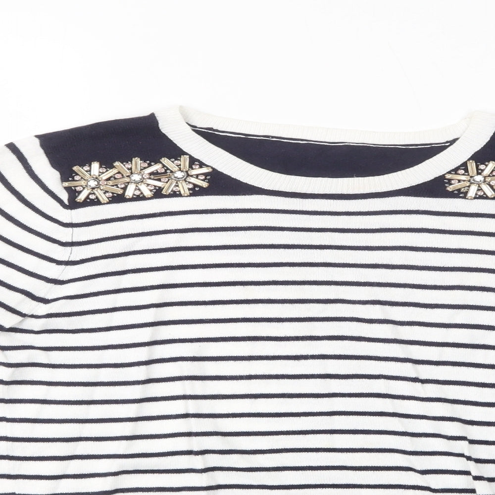 Oasis Womens White Crew Neck Striped Cotton Pullover Jumper Size S
