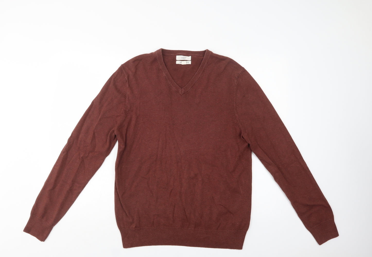 M&S Mens Brown V-Neck  Cotton Pullover Jumper Size M