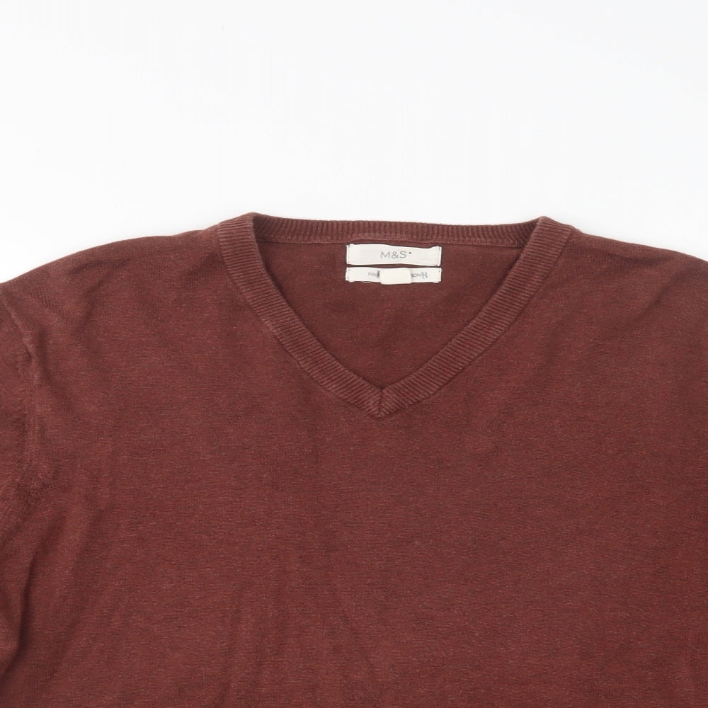 M&S Mens Brown V-Neck  Cotton Pullover Jumper Size M