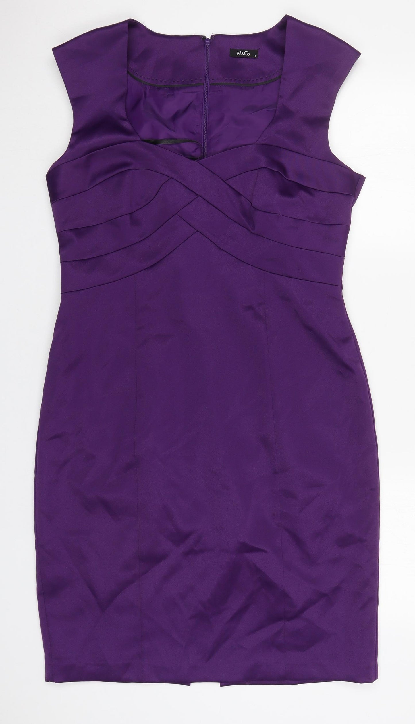 M&Co Womens Purple  Polyester Pencil Dress  Size 16  Square Neck Zip