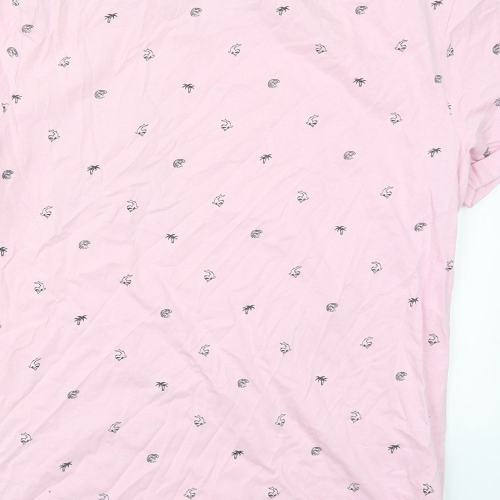 H&M Mens Pink  Cotton  T-Shirt Size M Crew Neck  - Shark and Tree Prints