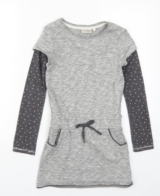 Front view of Next girls’ grey cotton skater dress, size 10, years round neck pullover - stars