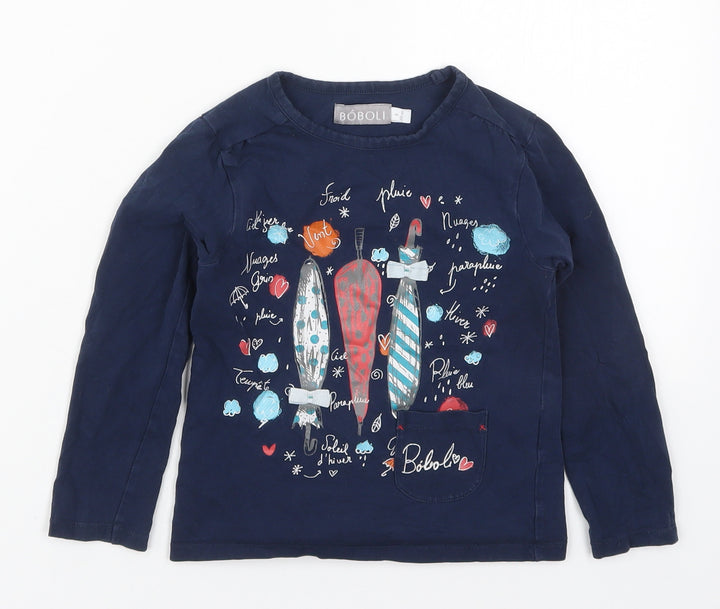 Boboli Girls Blue  Cotton Basic T-Shirt Size 4 Years Round Neck Pullover - Umberellas