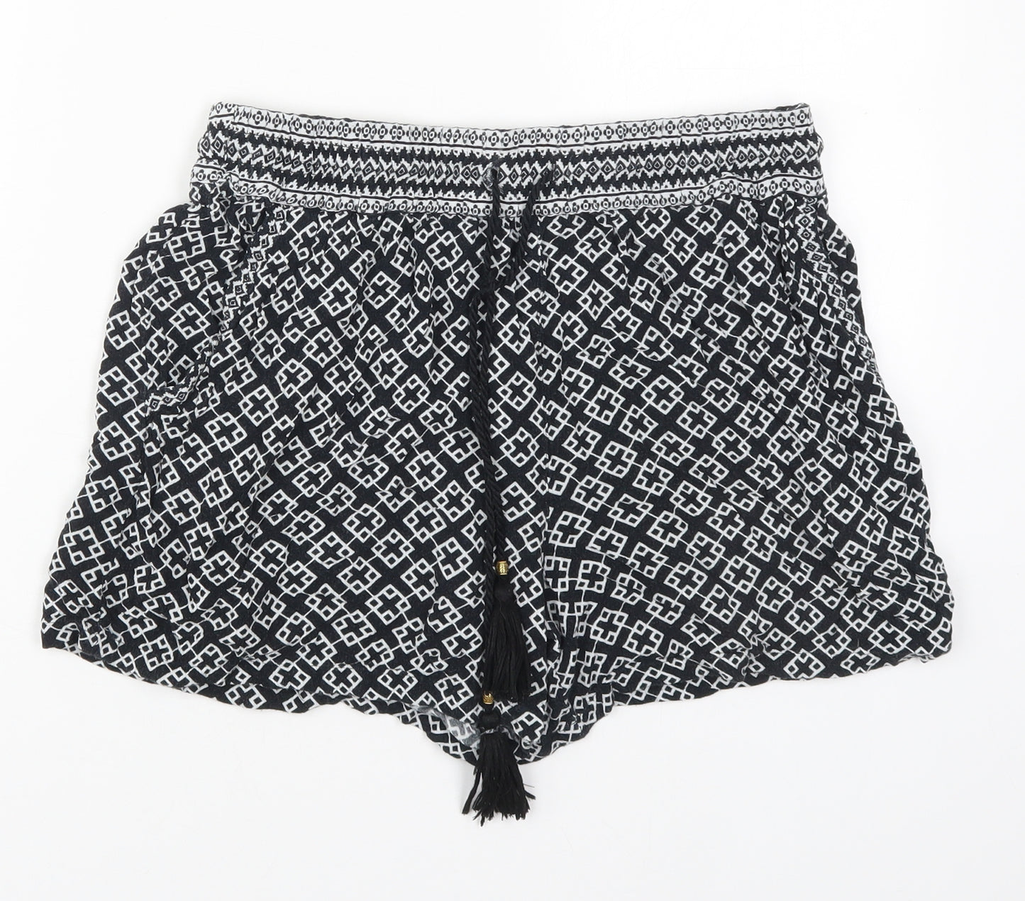 F&F Womens Black Geometric Viscose Mom Shorts Size 12  Regular Drawstring