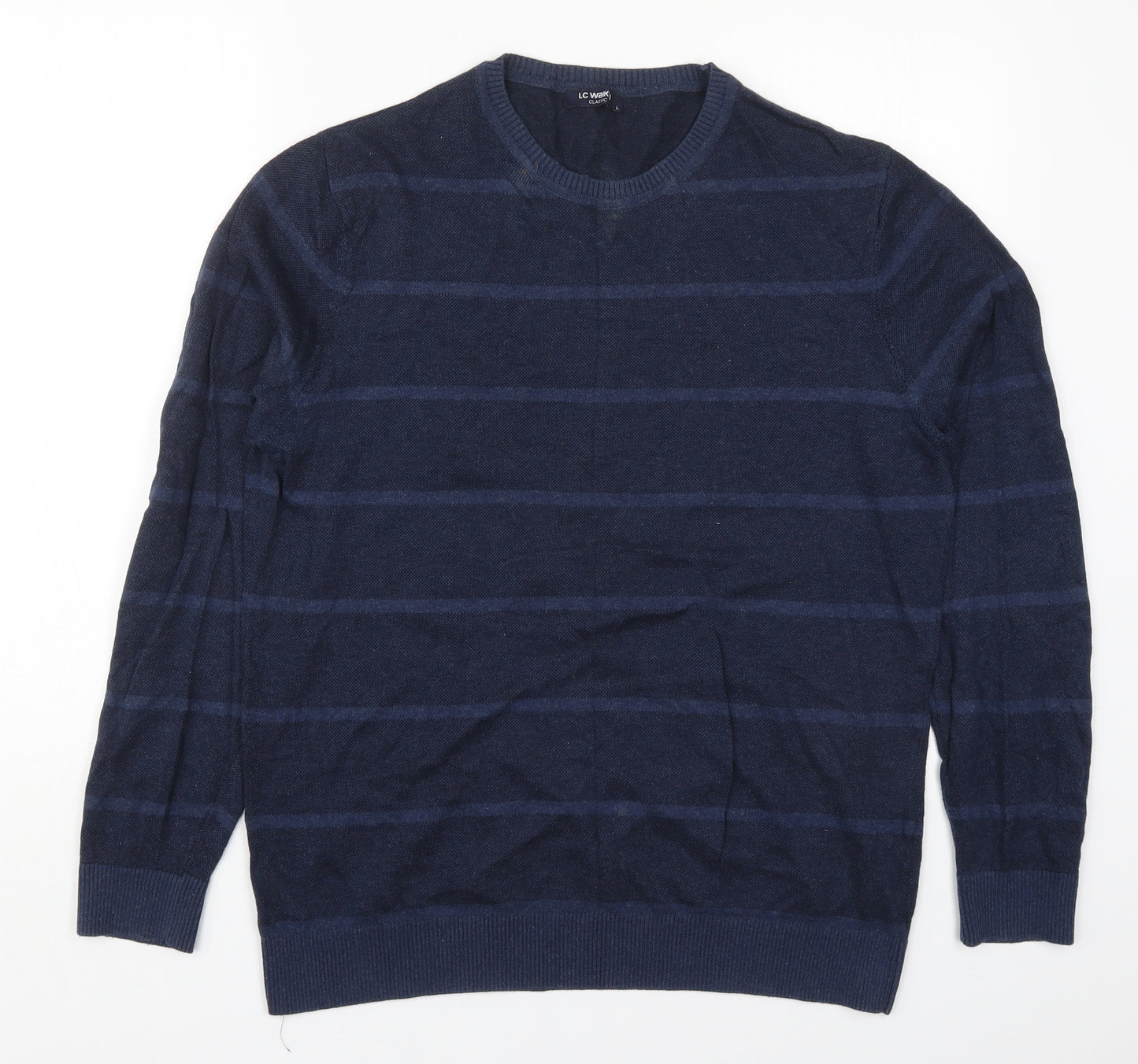 LC Waikiki Mens Blue Round Neck Striped Cotton Pullover Jumper Size L