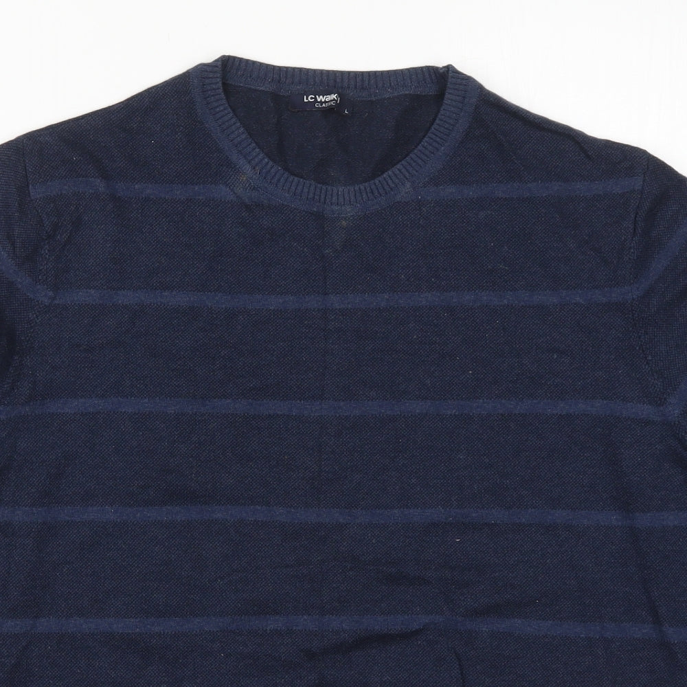 LC Waikiki Mens Blue Round Neck Striped Cotton Pullover Jumper Size L