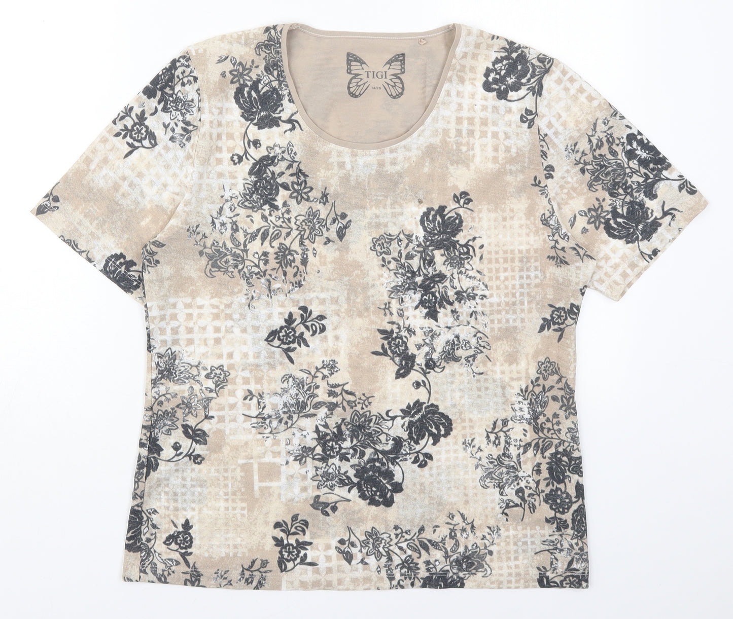 Tigi Womens Beige Floral Polyester Basic T-Shirt Size 14 Round Neck