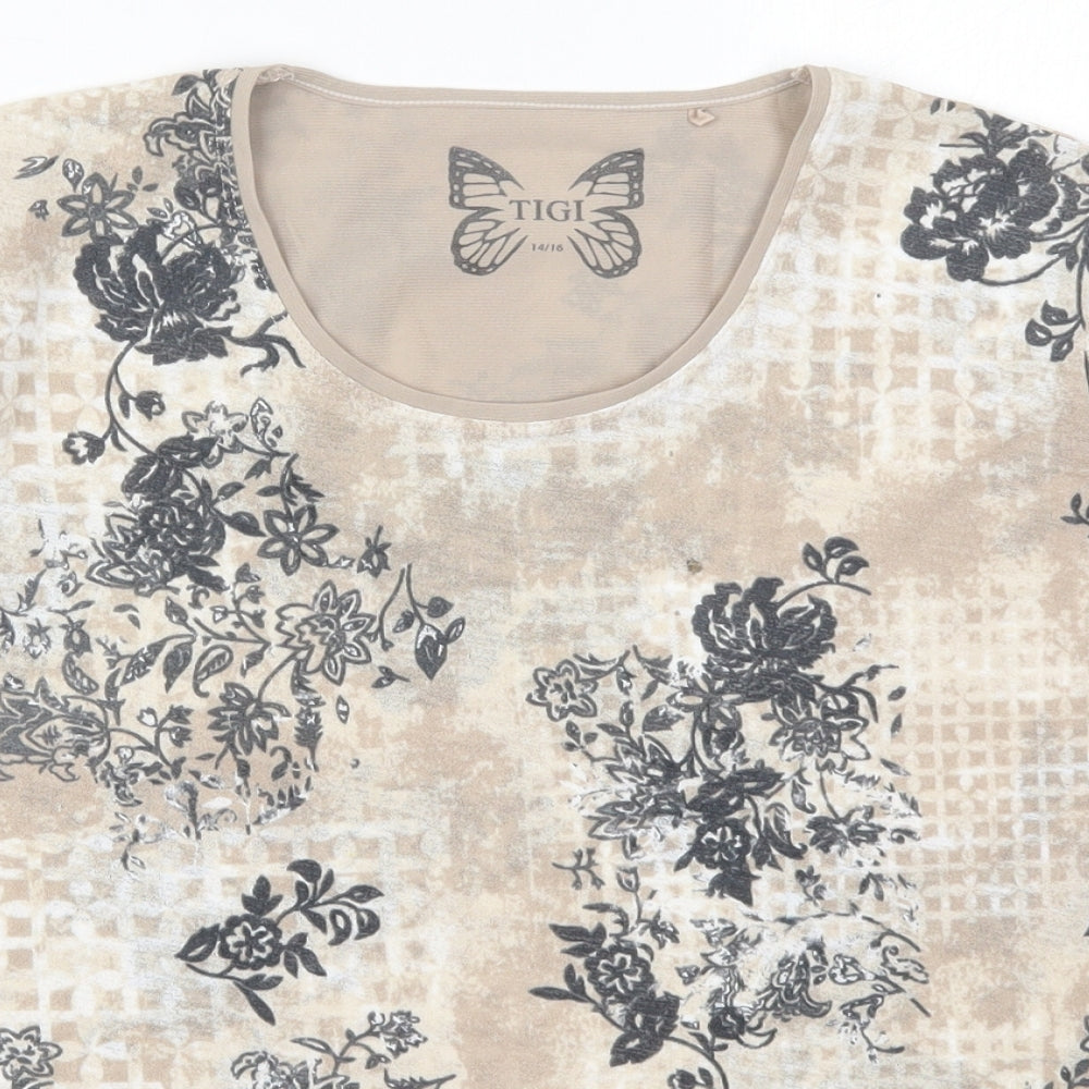 Tigi Womens Beige Floral Polyester Basic T-Shirt Size 14 Round Neck