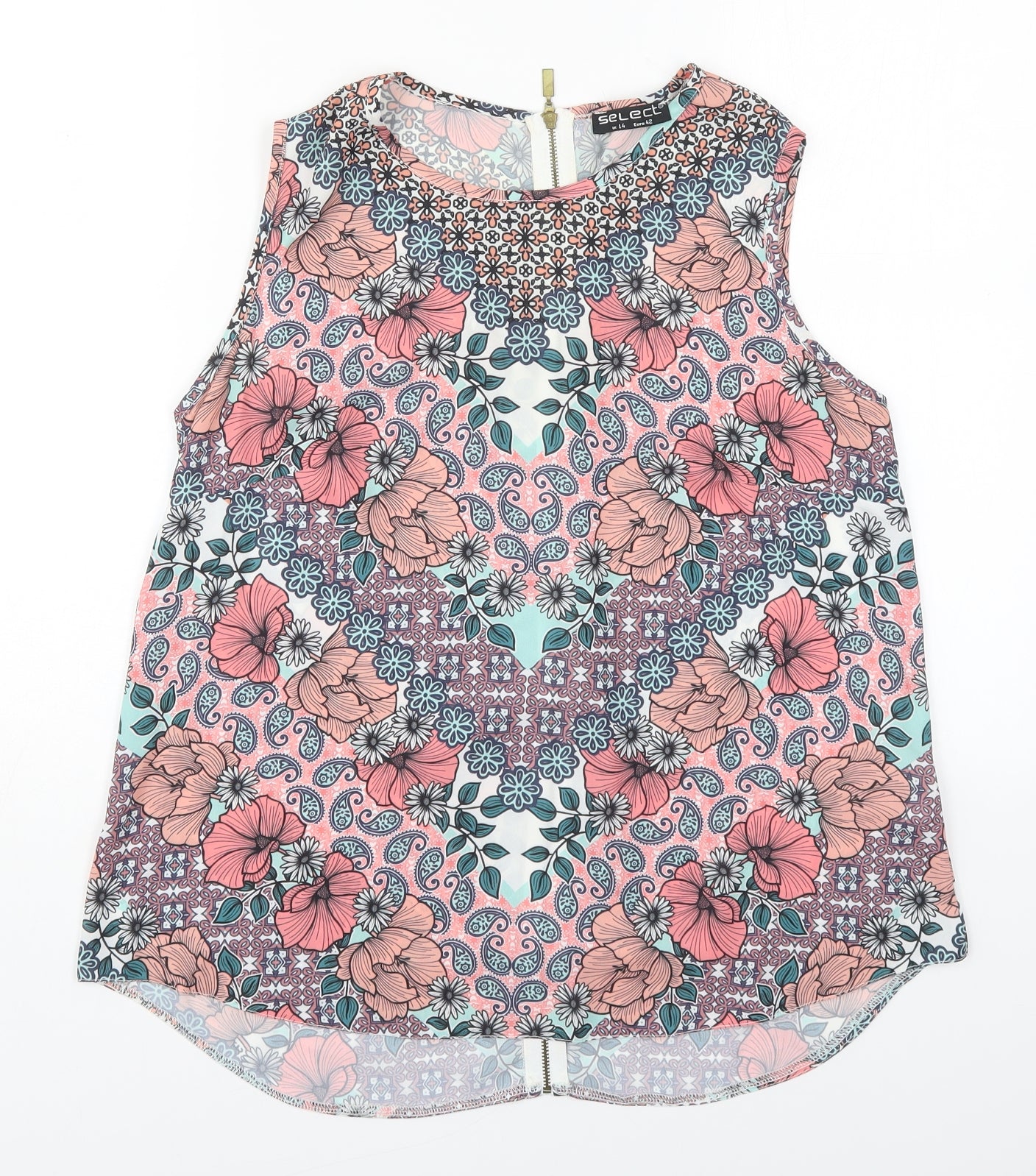Select Womens Pink Floral Polyester Basic Tank Size 14 Round Neck