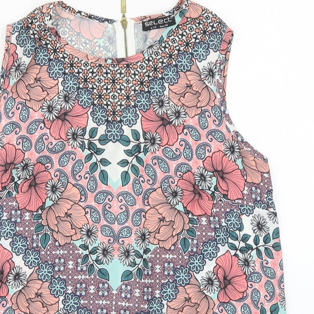 Select Womens Pink Floral Polyester Basic Tank Size 14 Round Neck