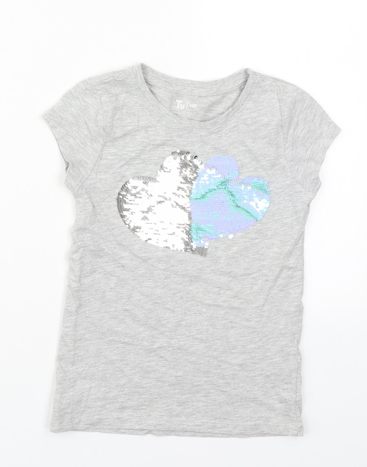 TU Girls Grey  Cotton Basic T-Shirt Size 8 Years Crew Neck Pullover - Hearts