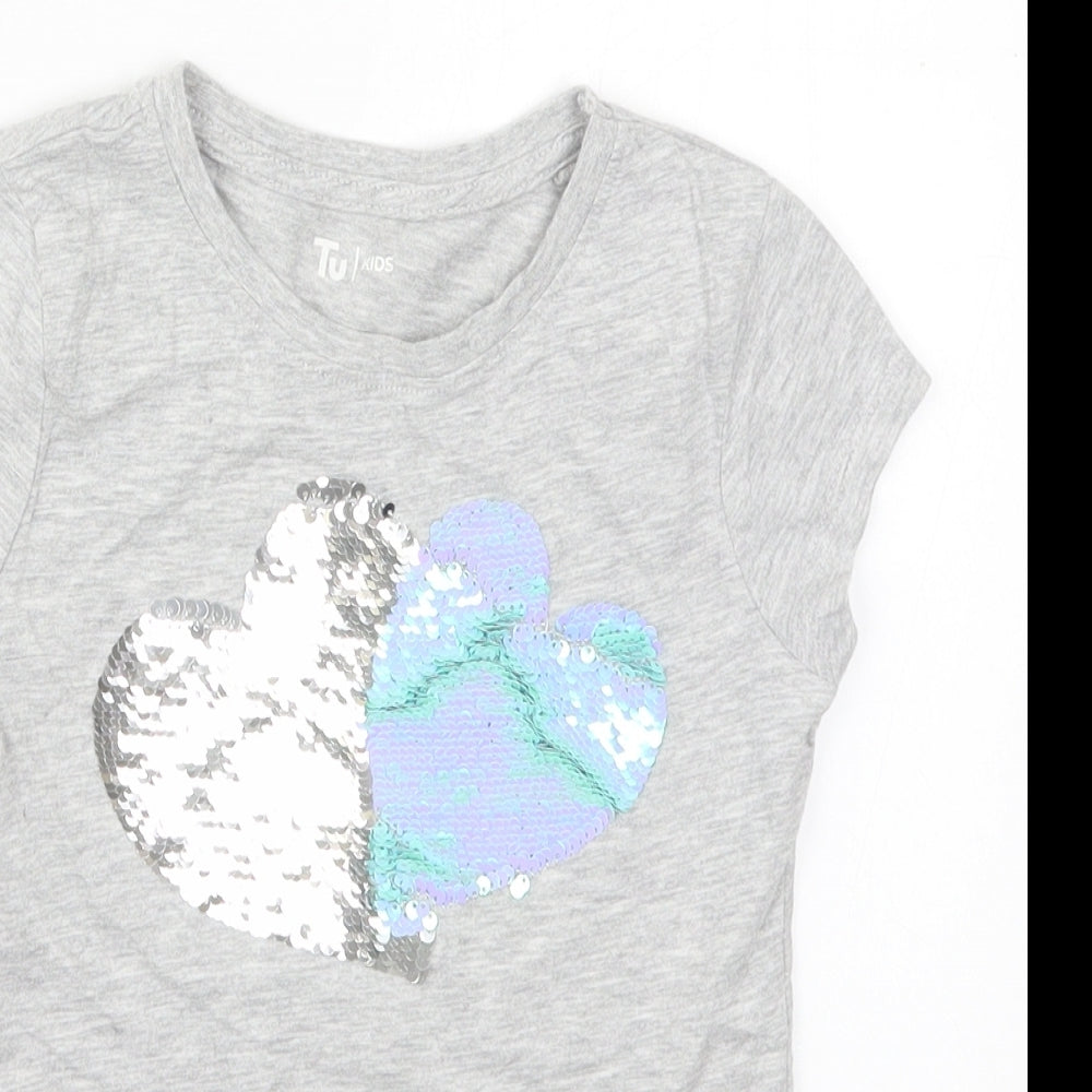 TU Girls Grey  Cotton Basic T-Shirt Size 8 Years Crew Neck Pullover - Hearts