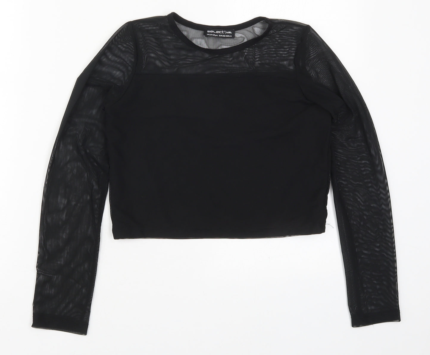 Select Girls Black  Viscose Cropped T-Shirt Size 12-13 Years Round Neck Pullover