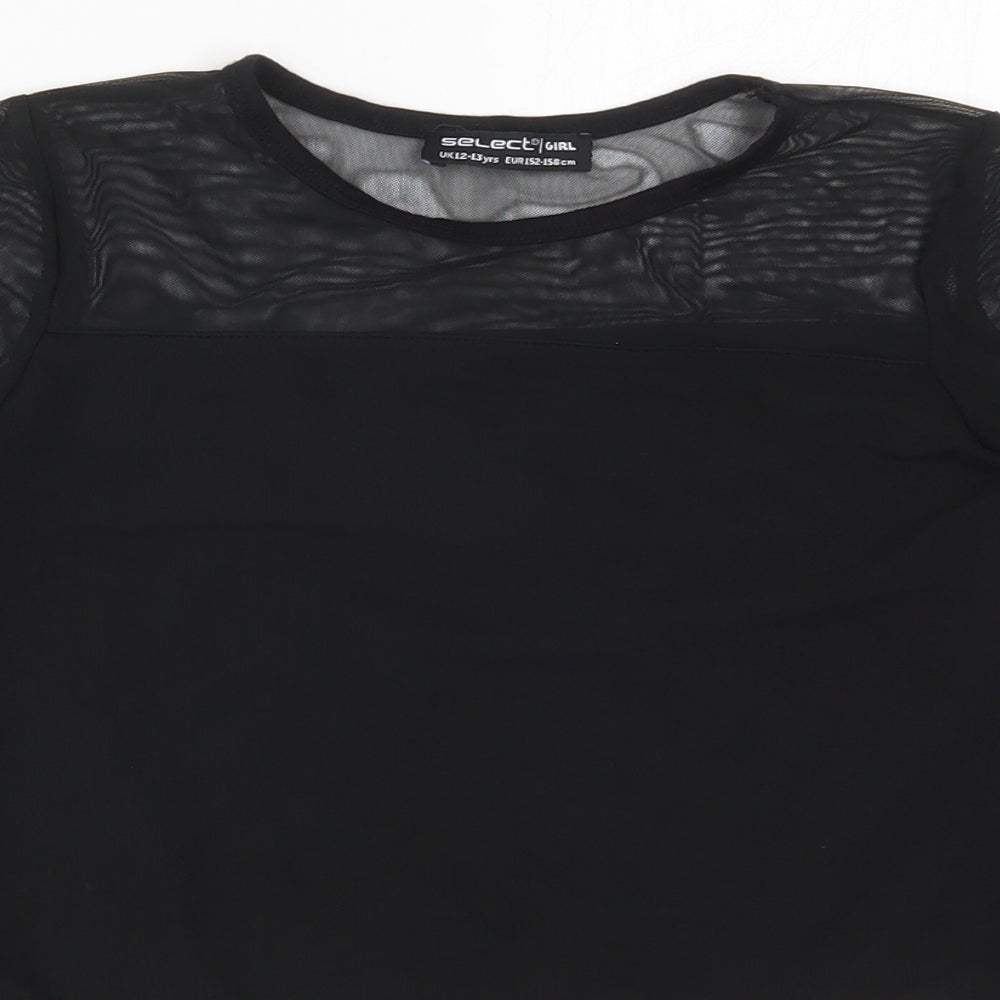 Select Girls Black  Viscose Cropped T-Shirt Size 12-13 Years Round Neck Pullover