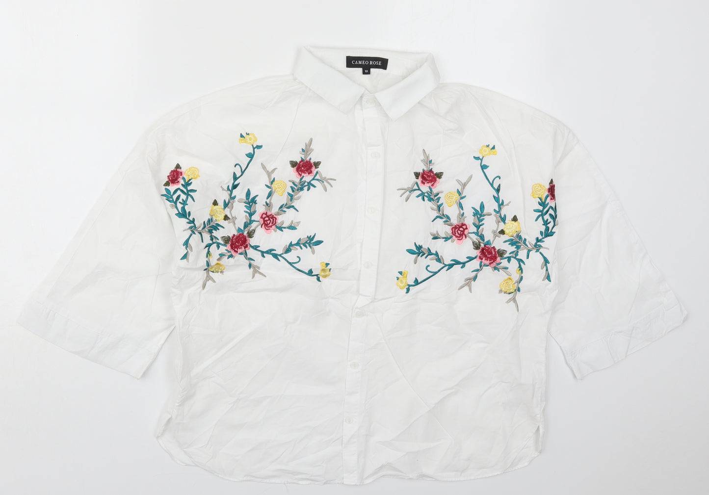 Cameo Rose Womens White Floral Cotton Basic Button-Up Size 10 Collared
