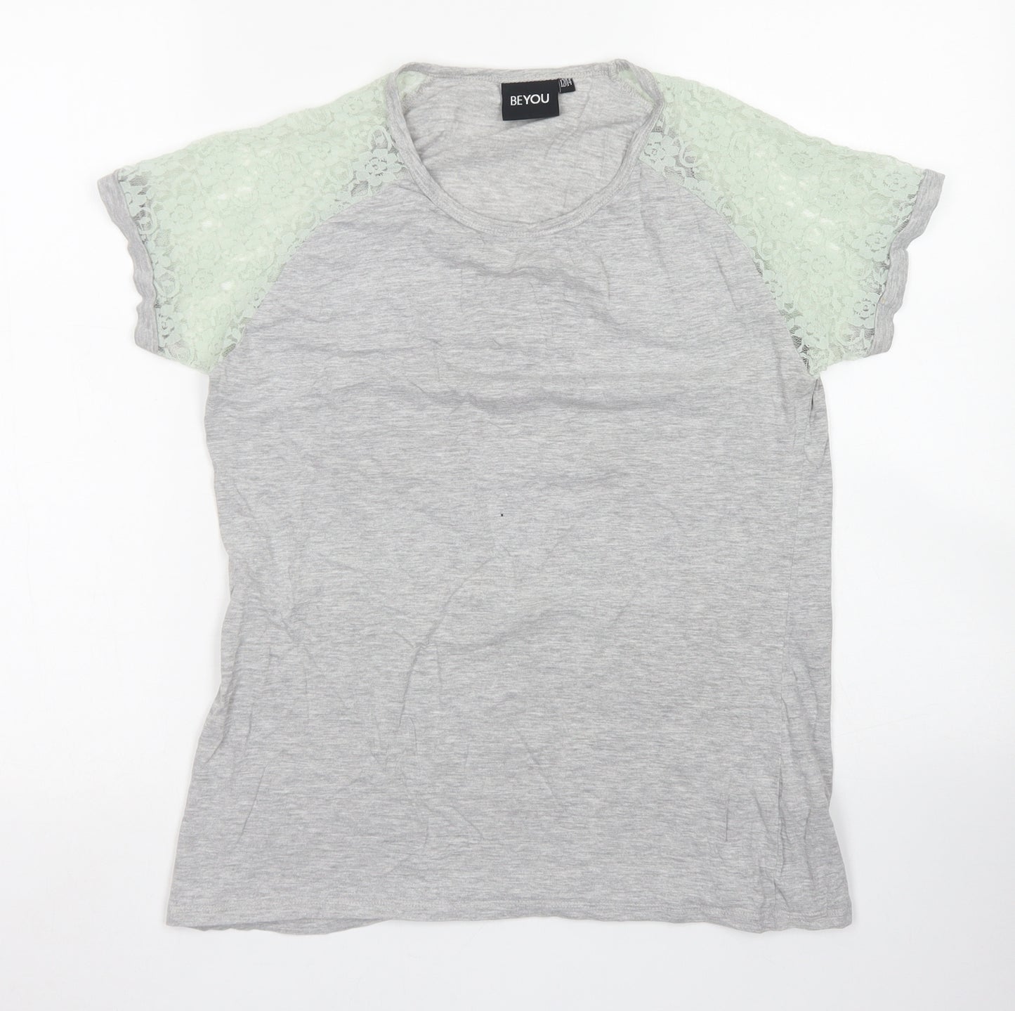 Beyou Womens Grey  Cotton Basic T-Shirt Size 12 Crew Neck - Lace Sleeve details