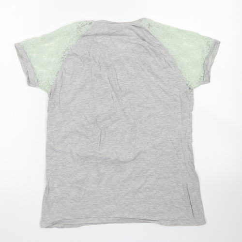 Beyou Womens Grey  Cotton Basic T-Shirt Size 12 Crew Neck - Lace Sleeve details