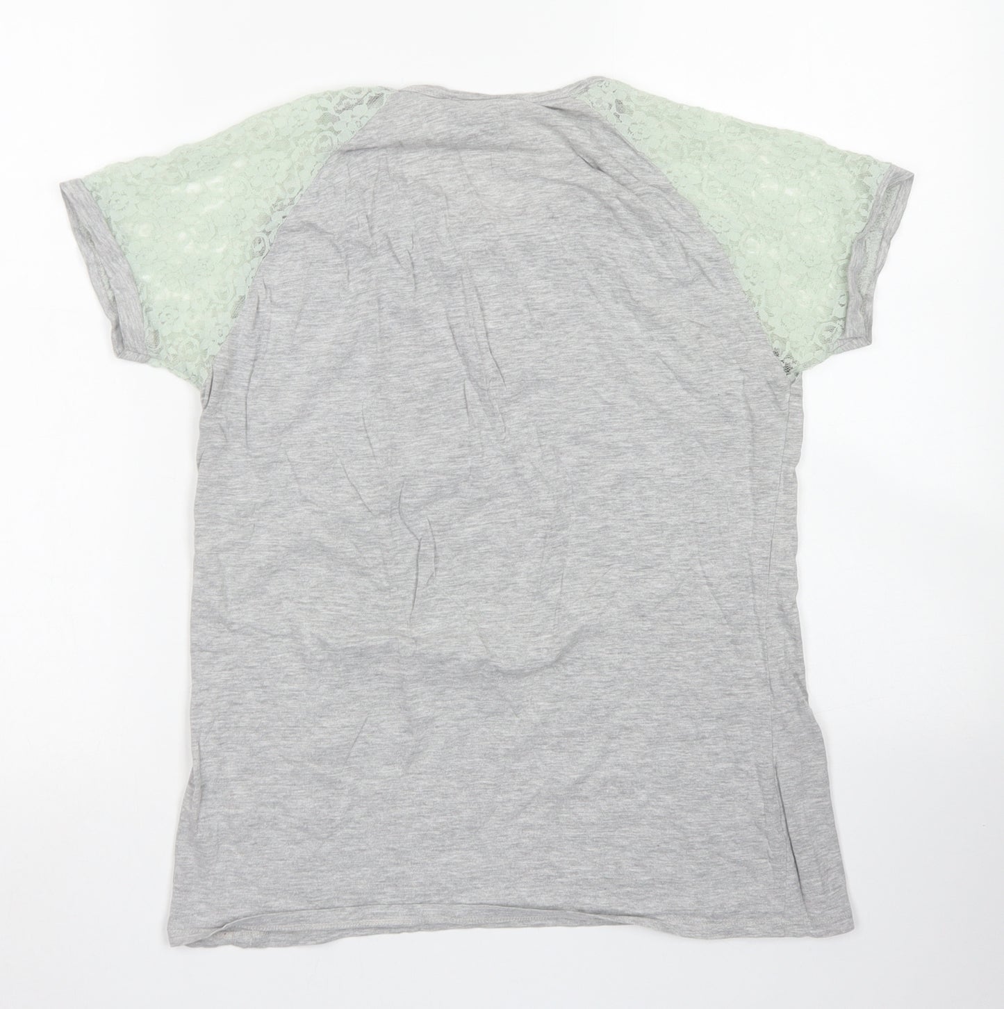 Beyou Womens Grey  Cotton Basic T-Shirt Size 12 Crew Neck - Lace Sleeve details