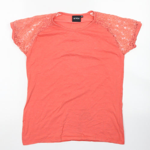 Beyou Womens Orange  Cotton Basic T-Shirt Size 12 Crew Neck - Lace Sleeve
