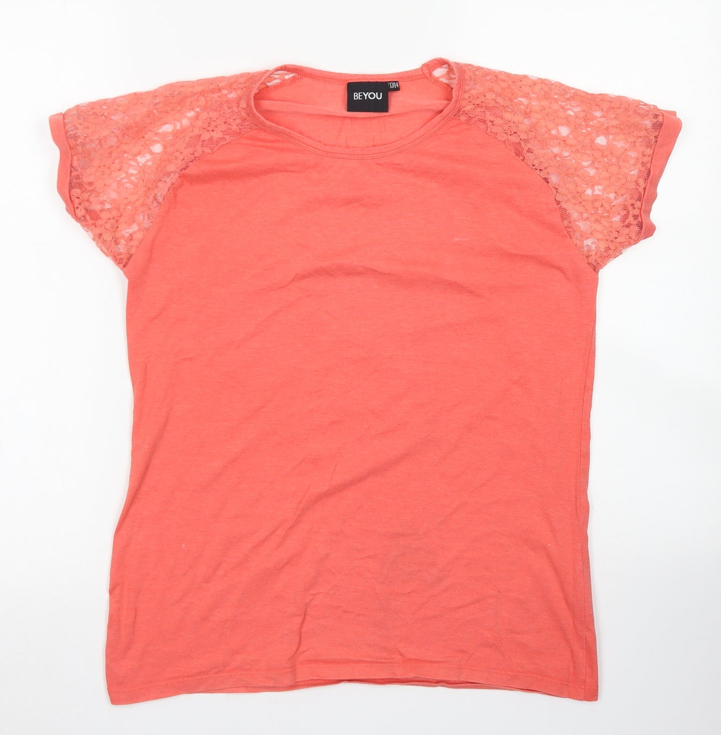 Beyou Womens Orange  Cotton Basic T-Shirt Size 12 Crew Neck - Lace Sleeve