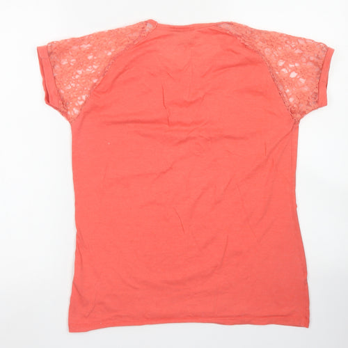 Beyou Womens Orange  Cotton Basic T-Shirt Size 12 Crew Neck - Lace Sleeve