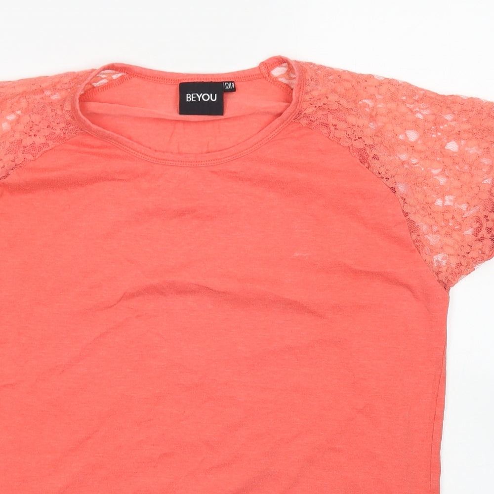 Beyou Womens Orange  Cotton Basic T-Shirt Size 12 Crew Neck - Lace Sleeve