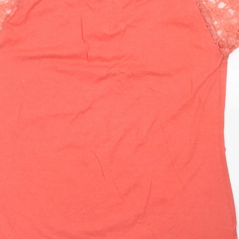 Beyou Womens Orange  Cotton Basic T-Shirt Size 12 Crew Neck - Lace Sleeve