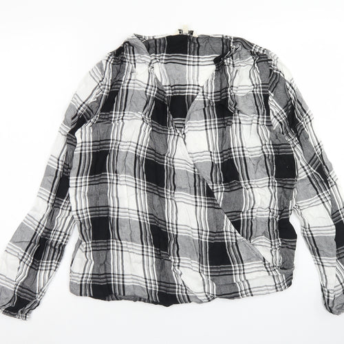 Papaya Womens Black Plaid Viscose Basic Blouse Size M V-Neck