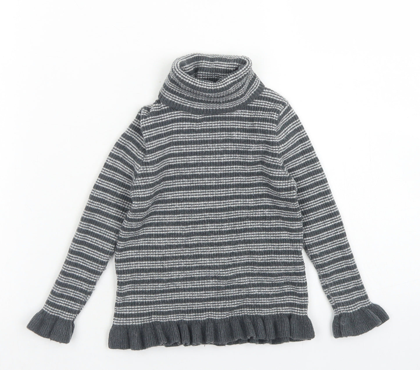 Primark Girls Grey Striped Polyester Basic T-Shirt Size 3-4 Years Roll Neck