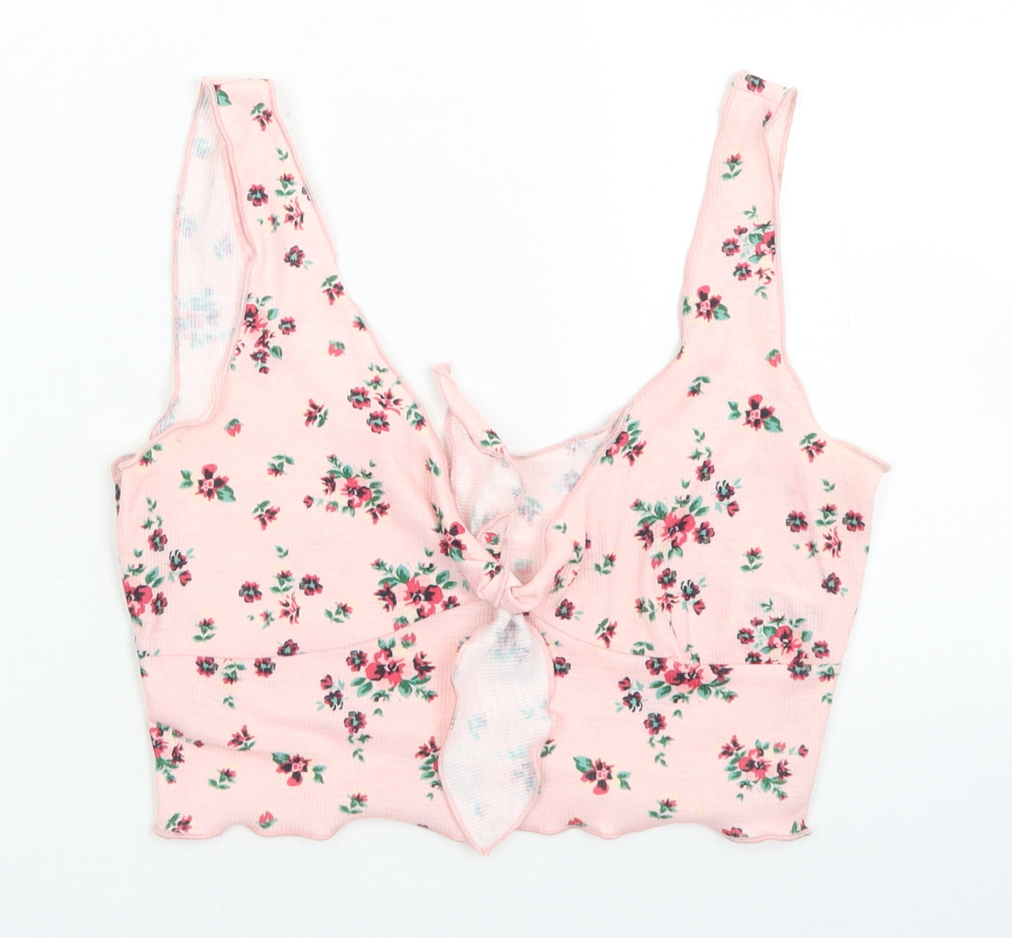 SheIn Womens Pink Floral Polyester Cropped Tank Size S V-Neck - Tie Front, Lettuce Edging