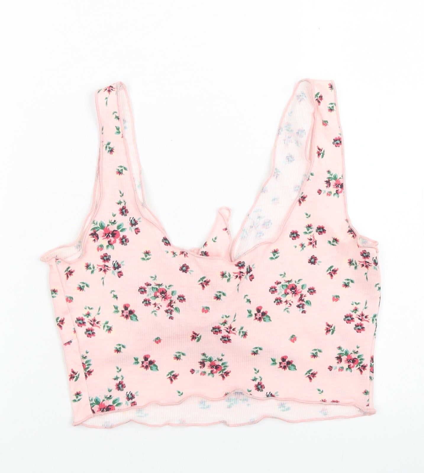 SheIn Womens Pink Floral Polyester Cropped Tank Size S V-Neck - Tie Front, Lettuce Edging