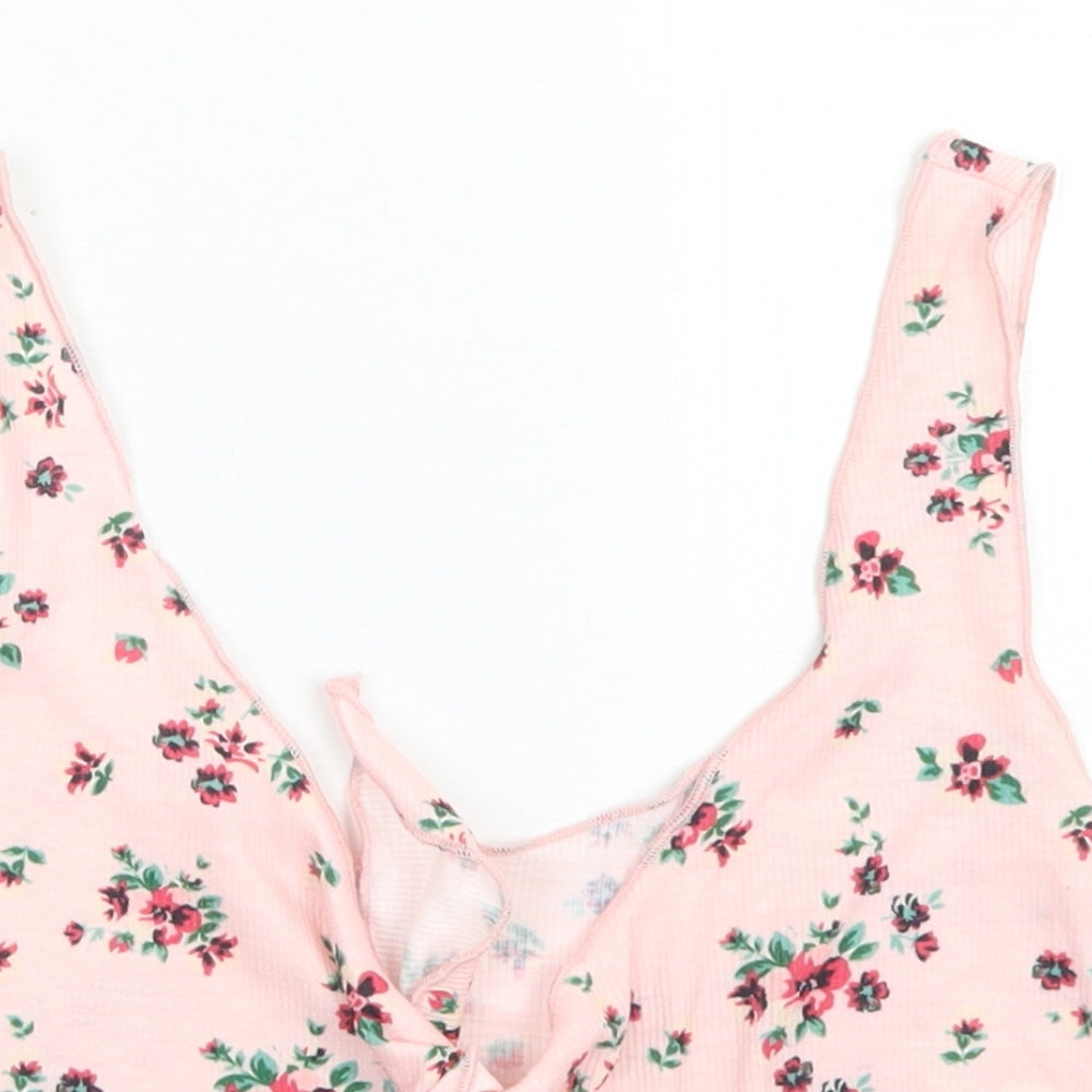 SheIn Womens Pink Floral Polyester Cropped Tank Size S V-Neck - Tie Front, Lettuce Edging