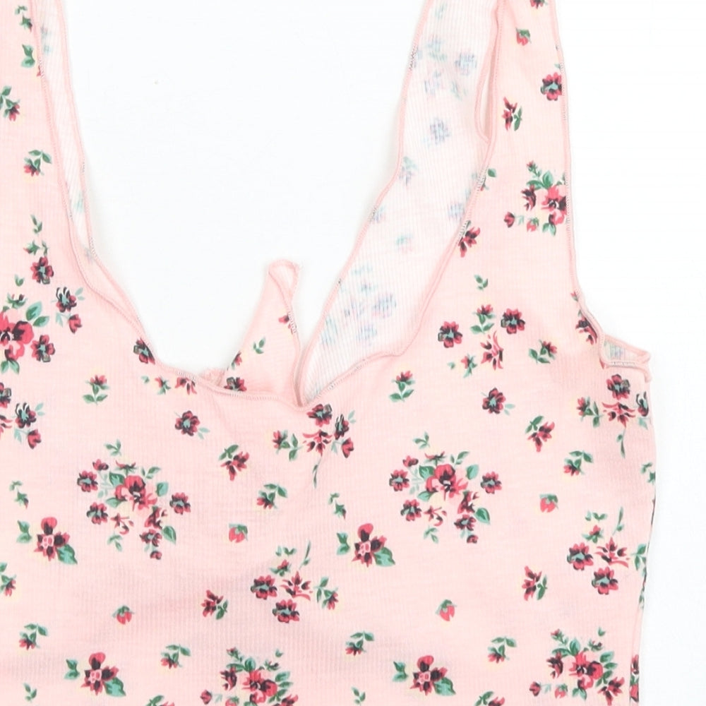 SheIn Womens Pink Floral Polyester Cropped Tank Size S V-Neck - Tie Front, Lettuce Edging