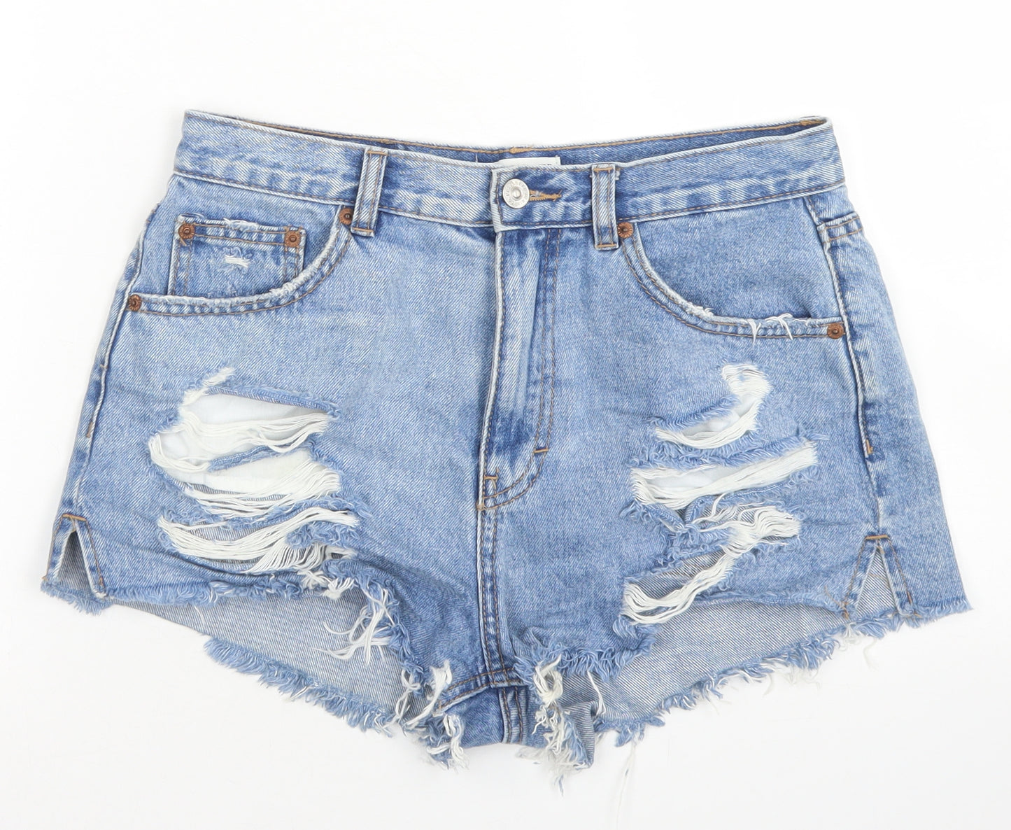 Pull & Bear Womens Blue  Cotton Hot Pants Shorts Size 10  Regular Button - Distressed