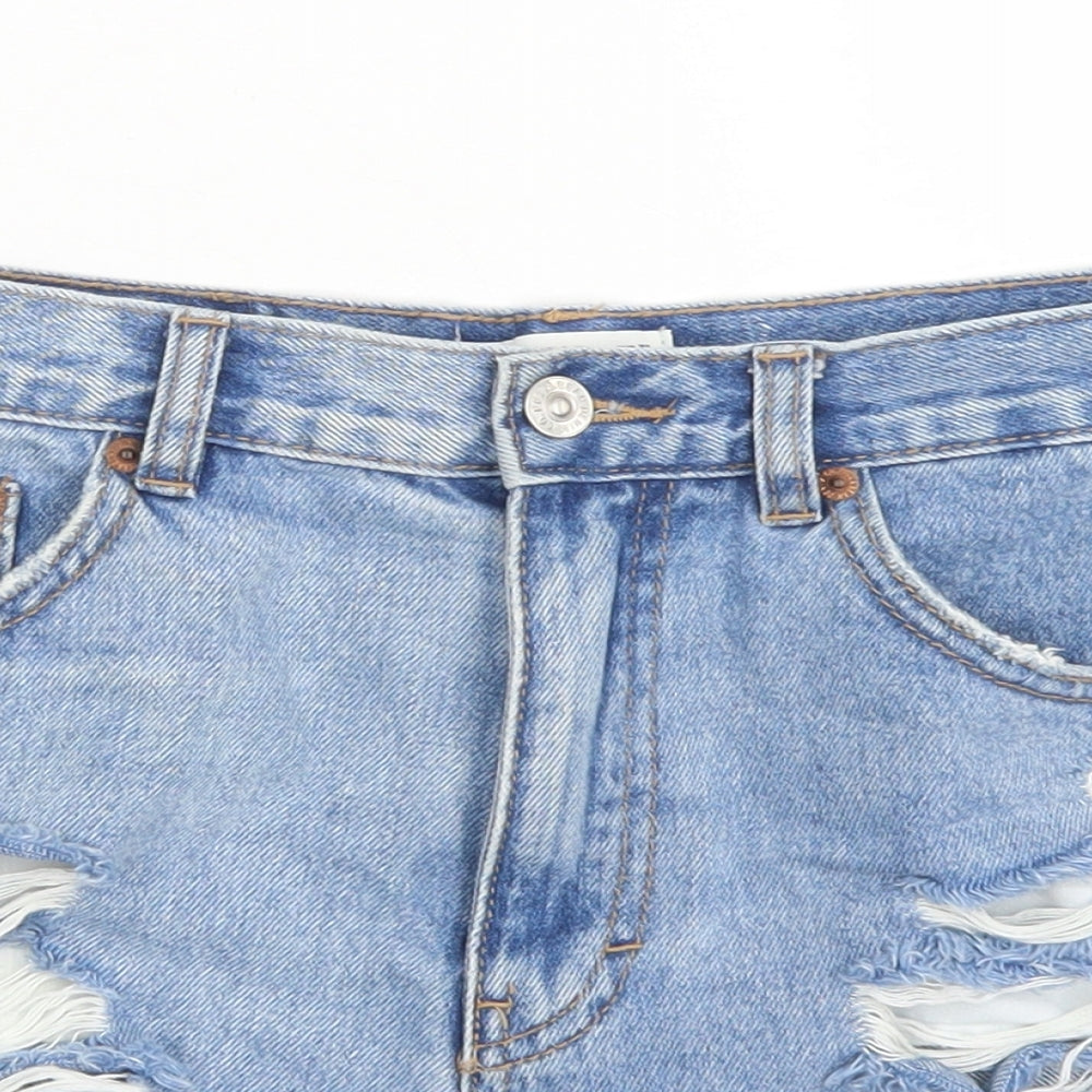 Pull & Bear Womens Blue  Cotton Hot Pants Shorts Size 10  Regular Button - Distressed