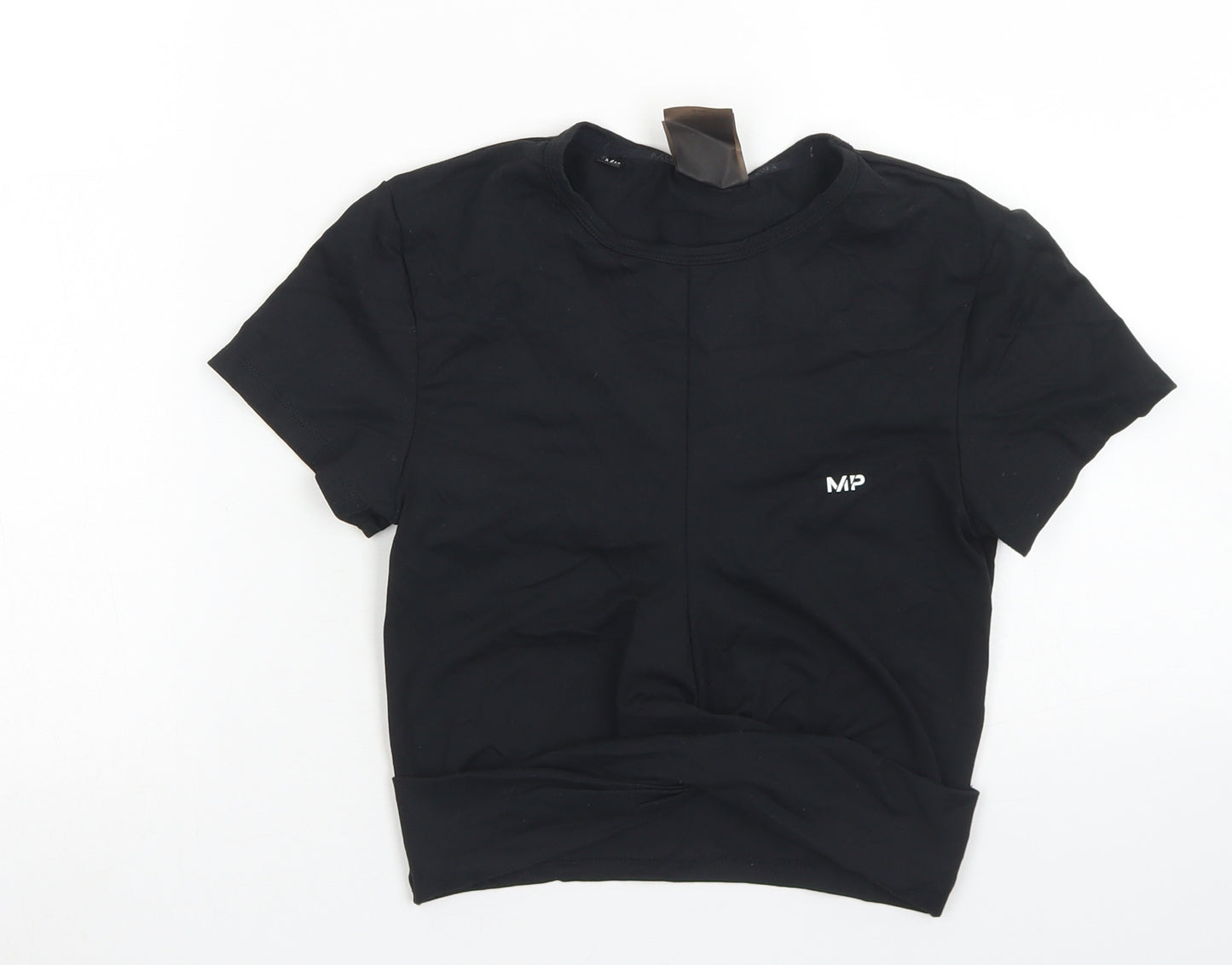 MP Womens Black  Nylon Cropped T-Shirt Size S Crew Neck  - Knot front