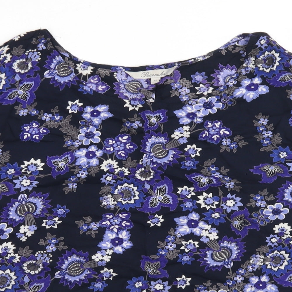 Peacocks Womens Blue Floral Viscose Basic Blouse Size 14 Round Neck