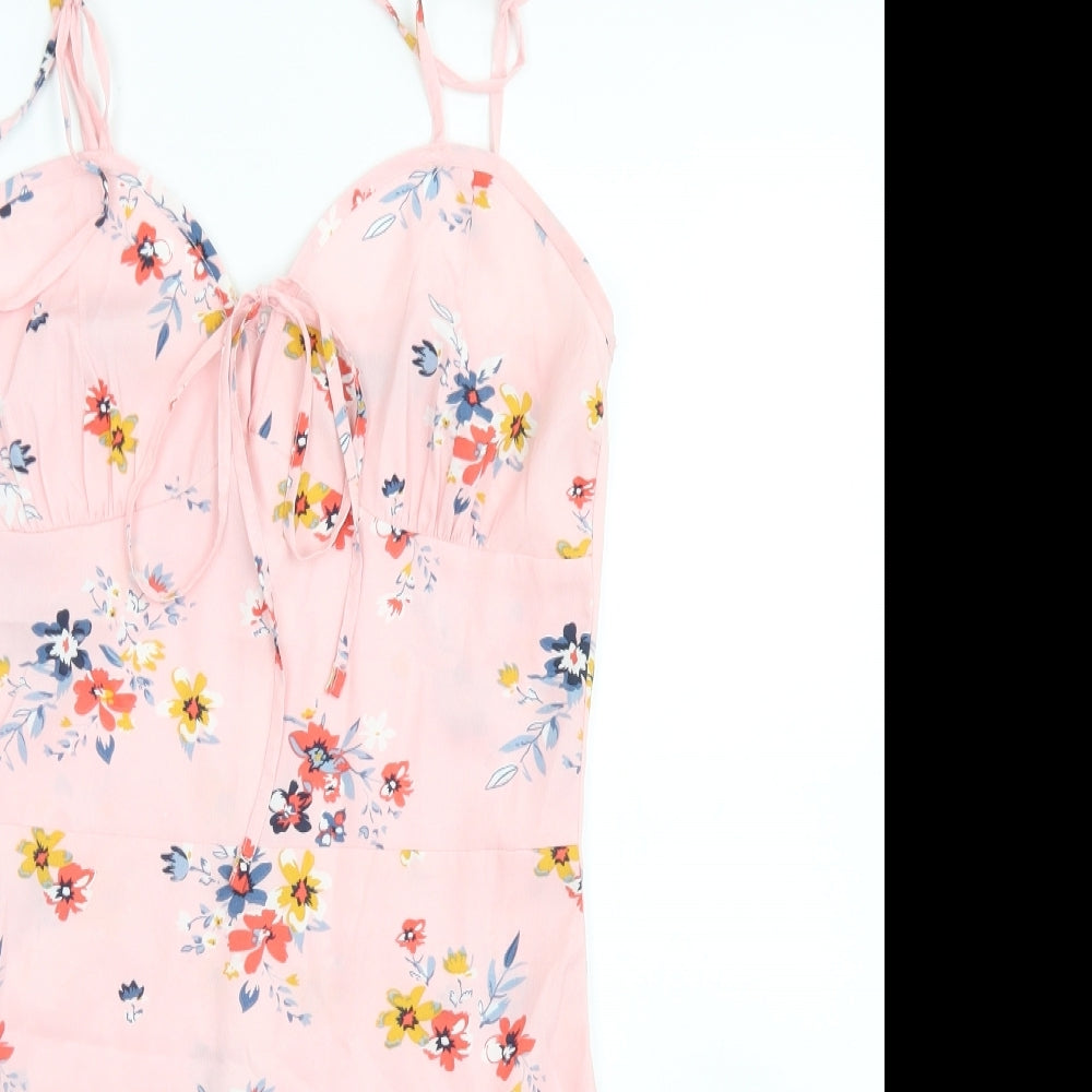 Boohoo Womens Pink Floral Polyester Slip Dress  Size 10  Sweetheart Zip