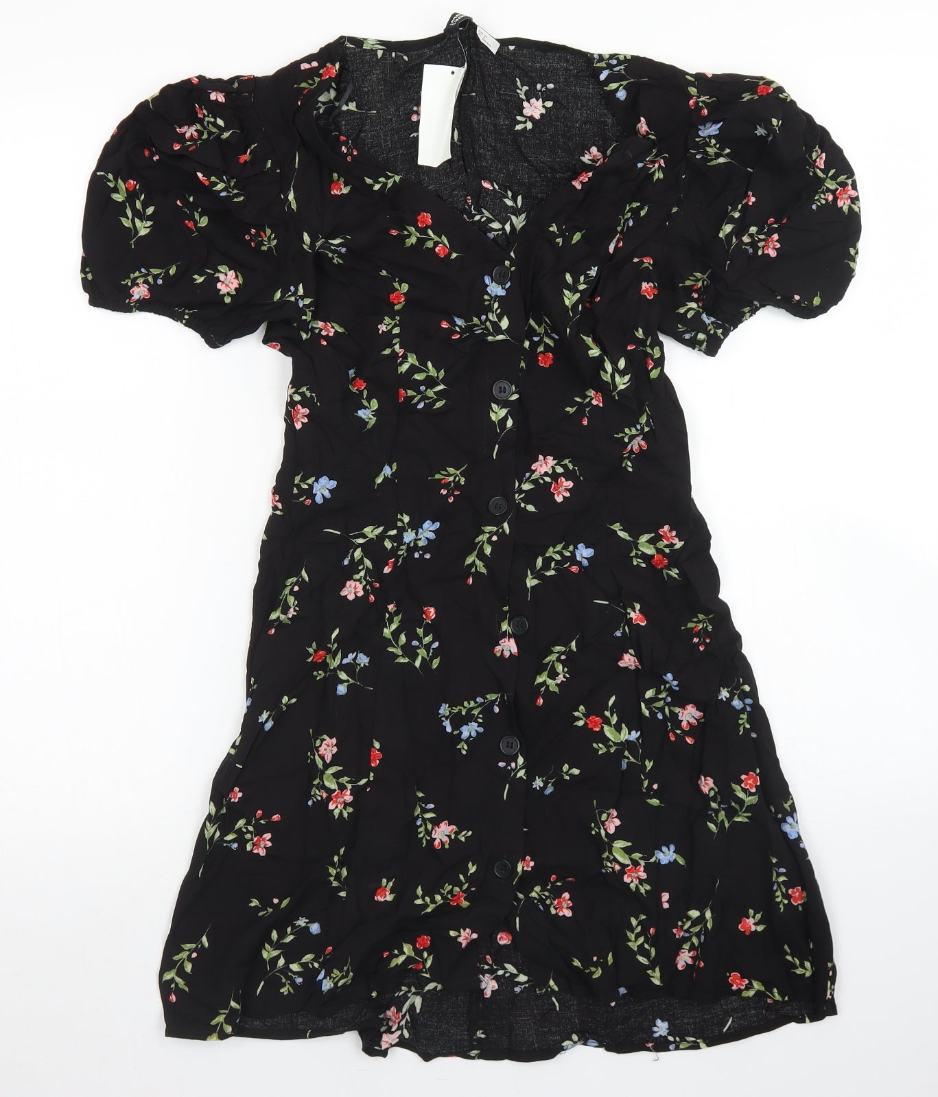 Divided Womens Black Floral Viscose Fit & Flare  Size 8  Round Neck Button