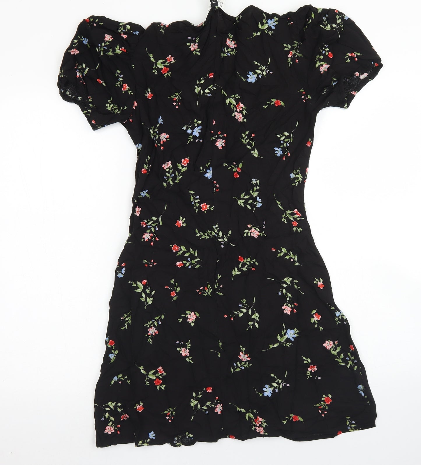 Divided Womens Black Floral Viscose Fit & Flare  Size 8  Round Neck Button