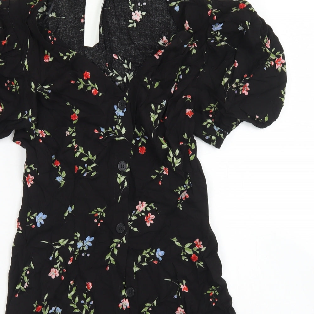 Divided Womens Black Floral Viscose Fit & Flare  Size 8  Round Neck Button