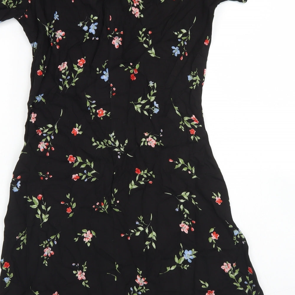 Divided Womens Black Floral Viscose Fit & Flare  Size 8  Round Neck Button
