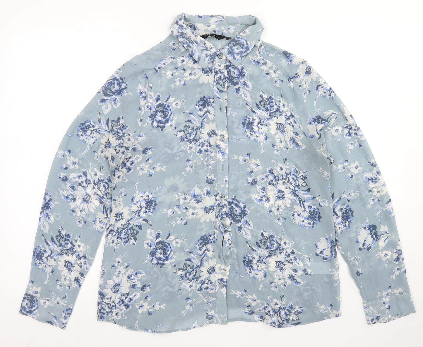 New Look Womens Blue Floral Polyester Basic Blouse Size 12 Collared