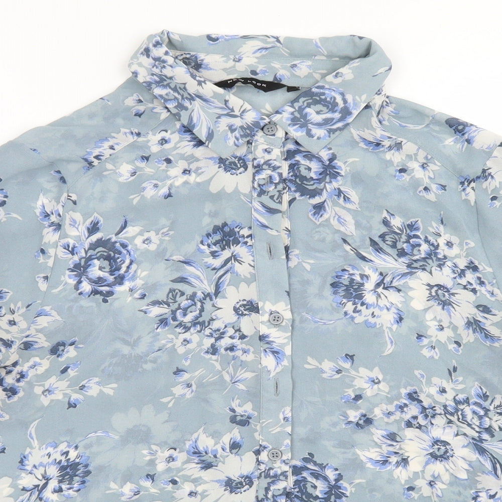 New Look Womens Blue Floral Polyester Basic Blouse Size 12 Collared