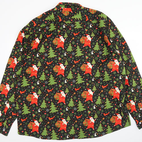 Fohemr Mens Black Polka Dot Polyester  Button-Up Size 3XL Collared Button - Christmas Santa