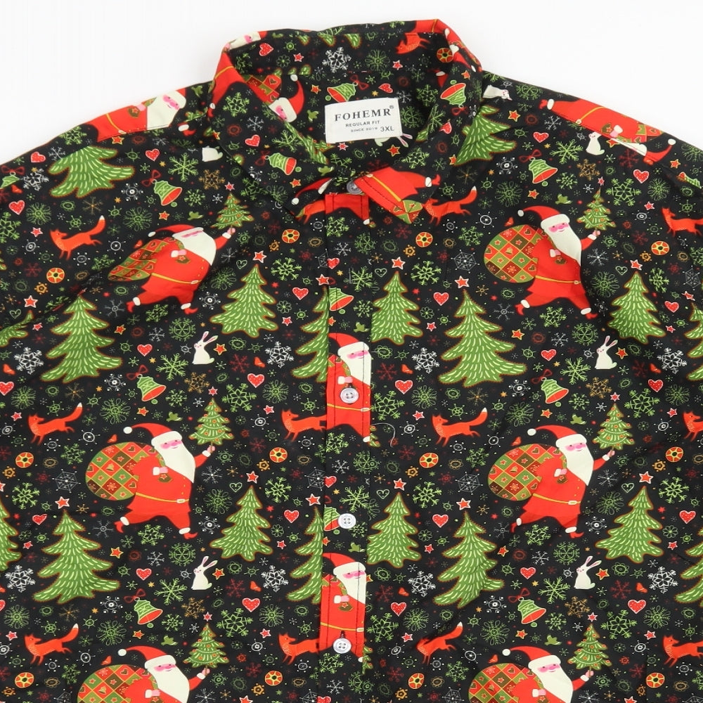Fohemr Mens Black Polka Dot Polyester  Button-Up Size 3XL Collared Button - Christmas Santa