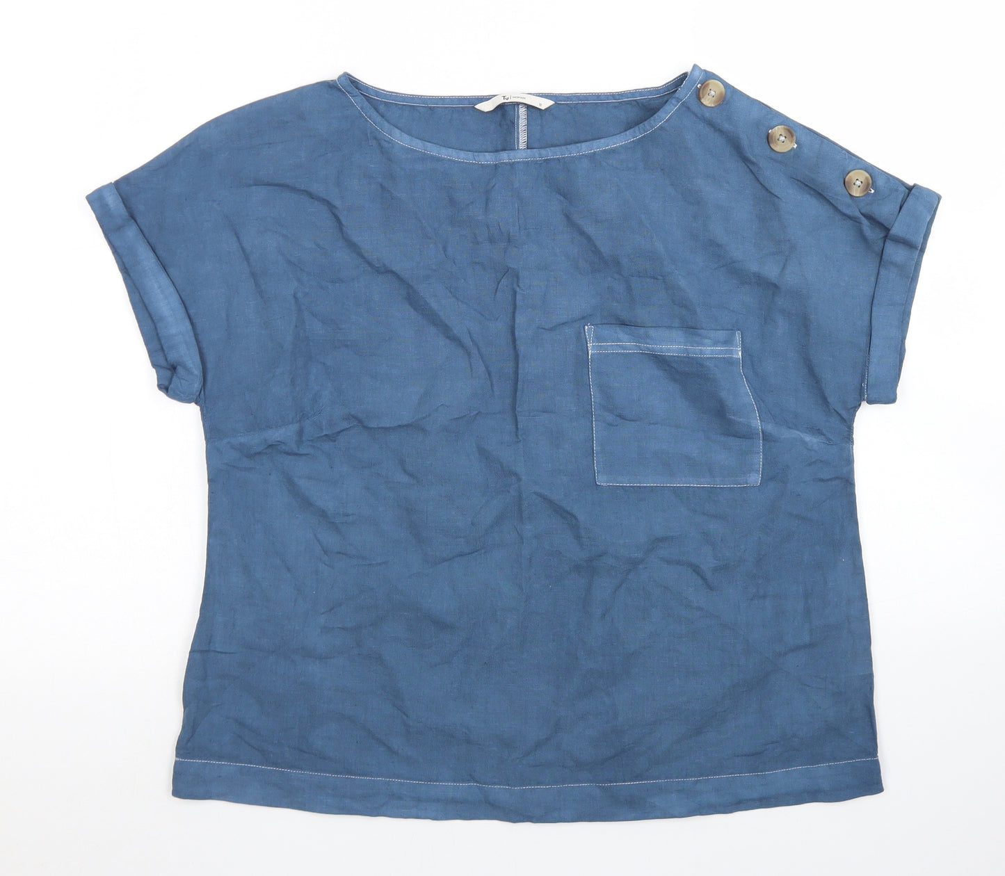 TU Womens Blue  Linen Basic Blouse Size 12 Round Neck - Chest pocket