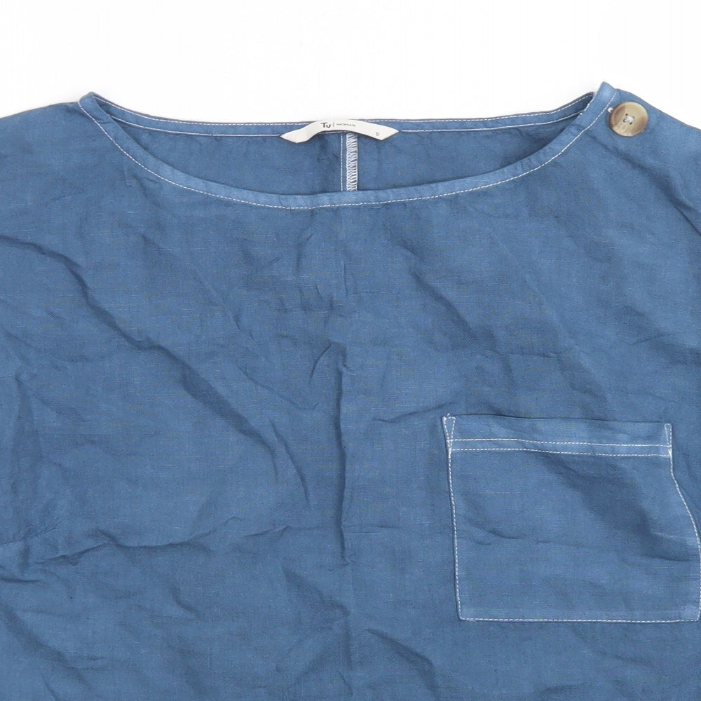 TU Womens Blue  Linen Basic Blouse Size 12 Round Neck - Chest pocket